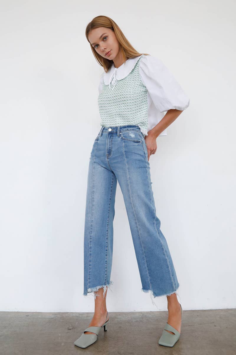 Uneven Raw Hem Crop Flare Jeans: