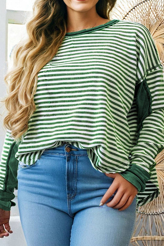 Green Stripe Exposed Seam Patchwork  Thermal Top