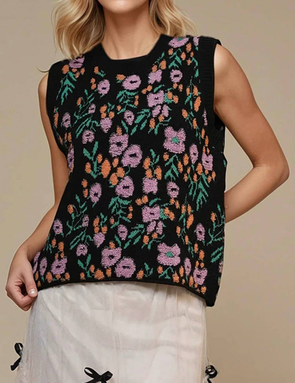 Floral Knit Sleeveless Sweater Vest