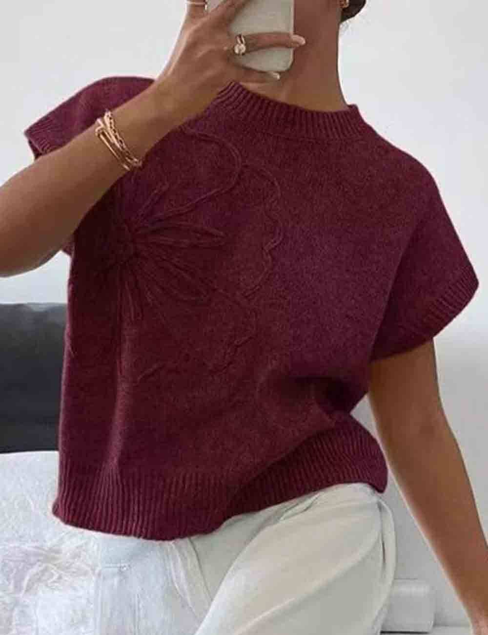 Ladies Round Neck Floral Jacquard Ribbed Knit Vest: Burgundy