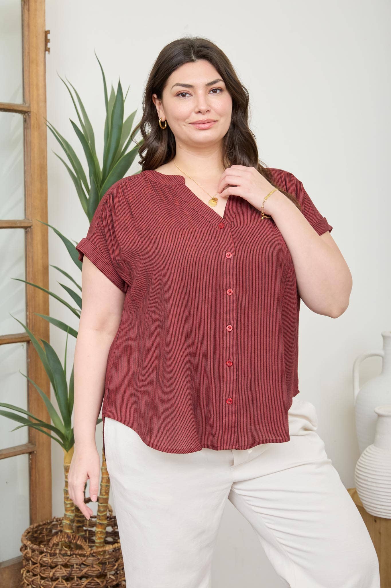 PINSTRIPE SHORT CUFF SLEEVE BUTTON DOWN SHIRT