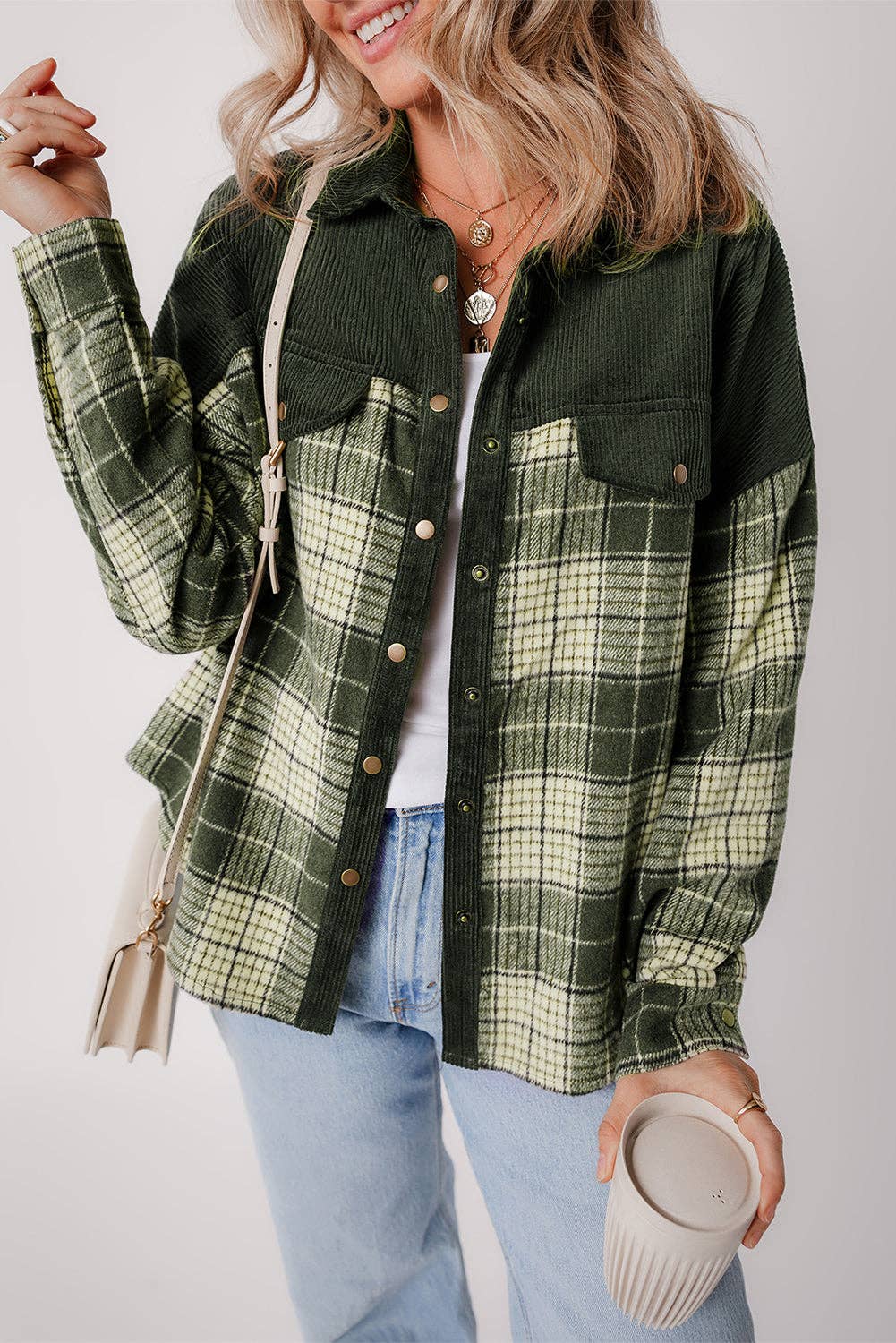 Blackish Green Snap Buttons Colorblock Plaid Shacket: Blackish Green / 100%Polyester / S