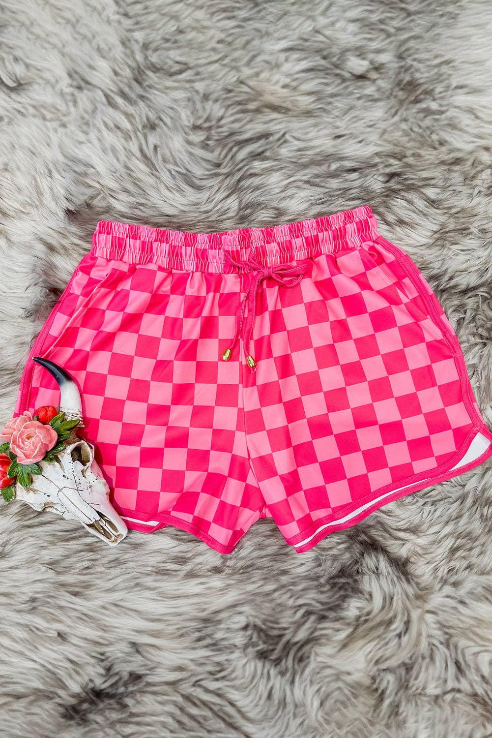 Checkered Drawstring Shorts: Pink
