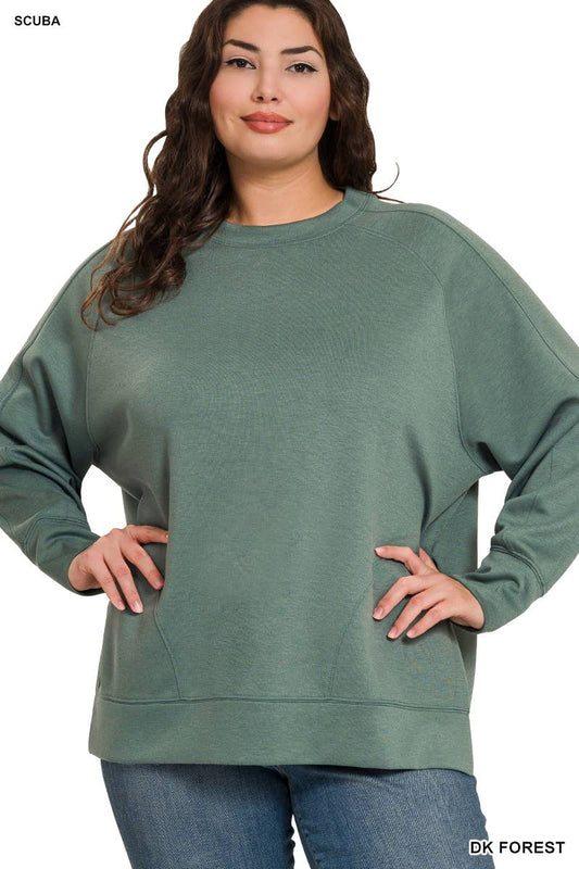 Round Neck Pullover With Side Slits:DK FOREST