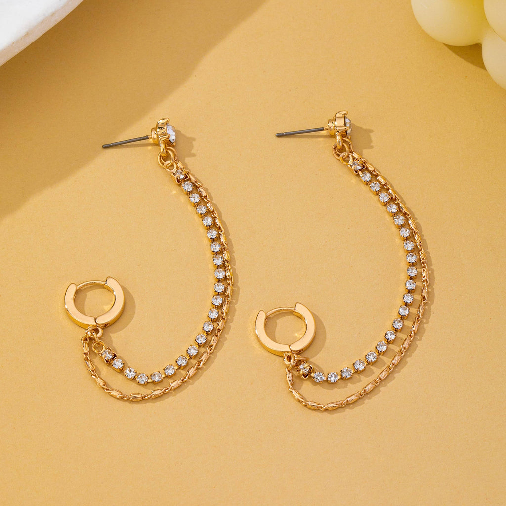 Rhinestone & Gold Double Chain Drapes Drop Earrings: GOLD