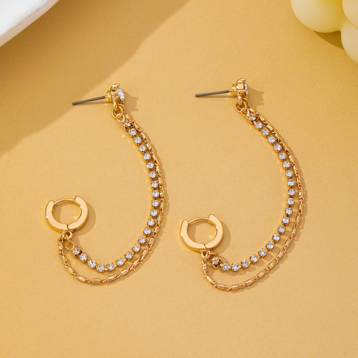 Rhinestone & Gold Double Chain Drapes Drop Earrings: GOLD