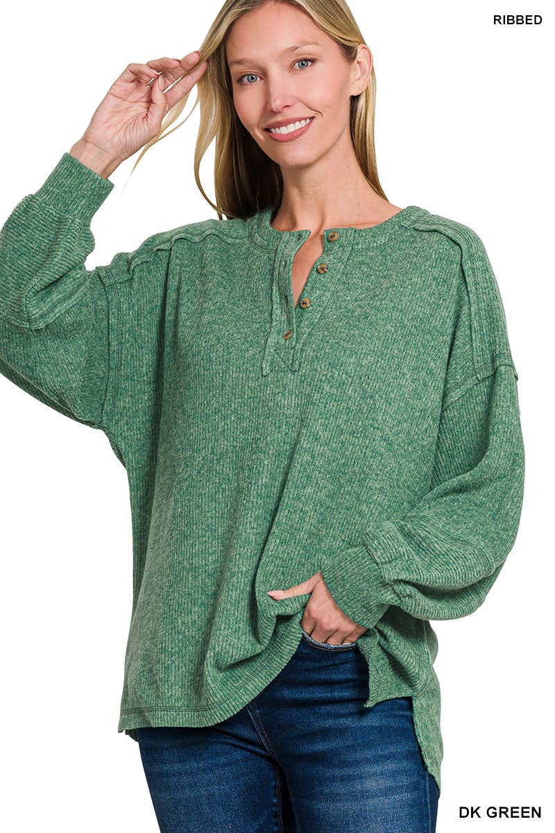 Ribbed Brushed Hacci 2tone Henley Sweater