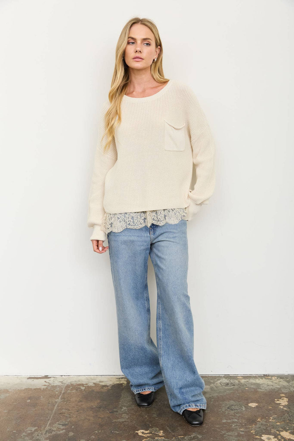 RAW EDGE CROPPED LONG SLEEVE KNIT SWEATER: CREAM