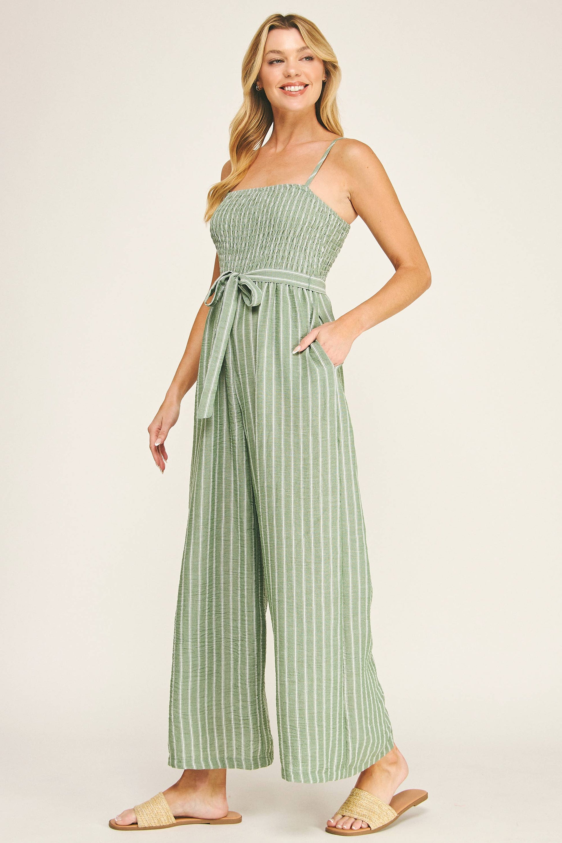 COASTAL STRIPE SMOCKED WIDE LEG JUMPSUIT