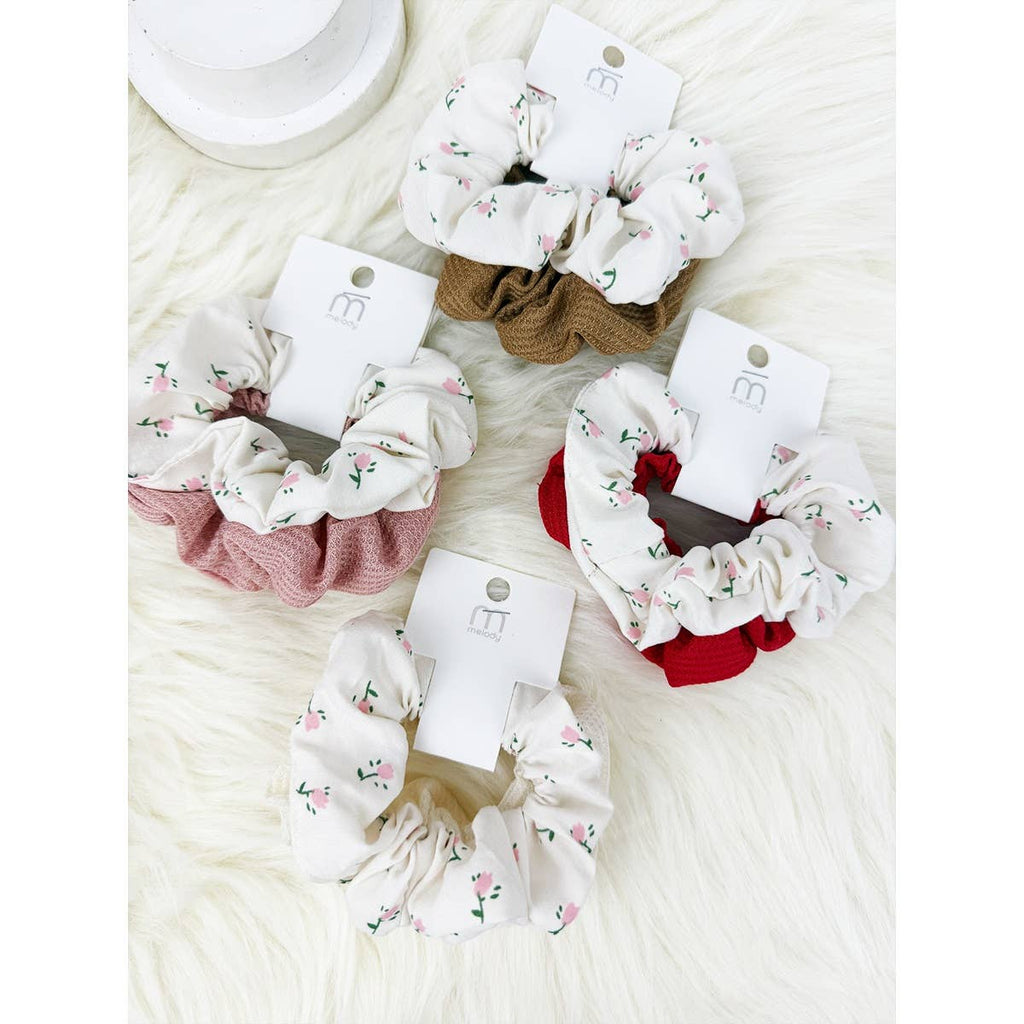 Waffle and Floral Pattern Combo Soft Scrunchies