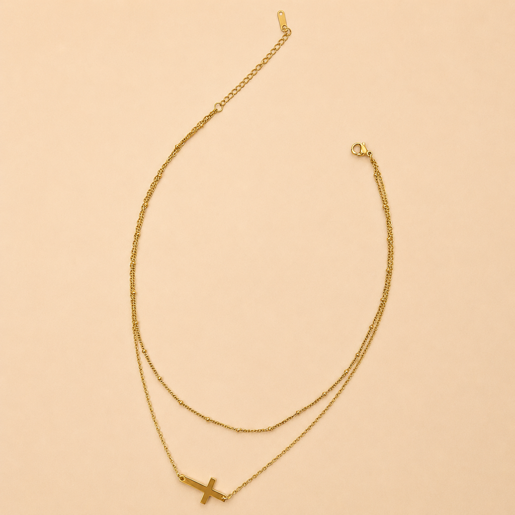 18K STAINLESS STEEL TARNISH FREE CROSS NECKLACE: GOLD