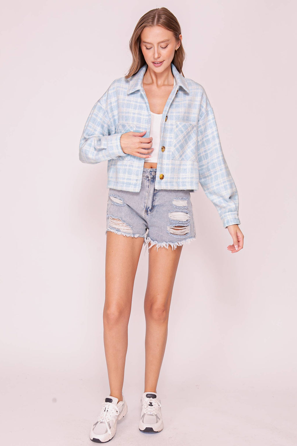Plaid Button Front Shacket: Lt blue