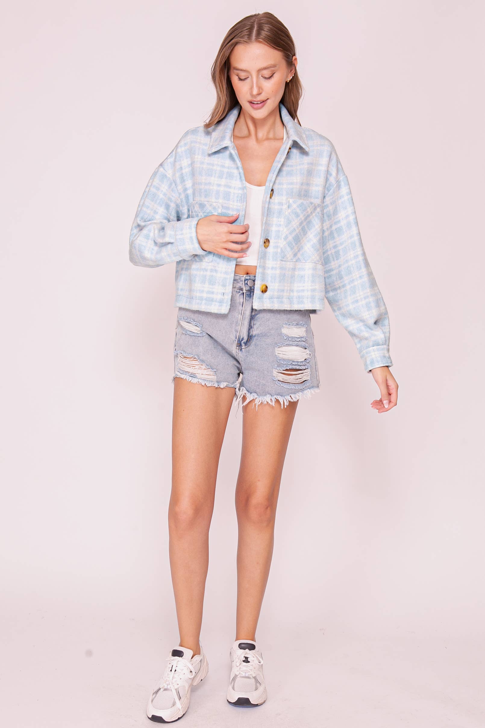 Plaid Button Front Shacket: Lt blue