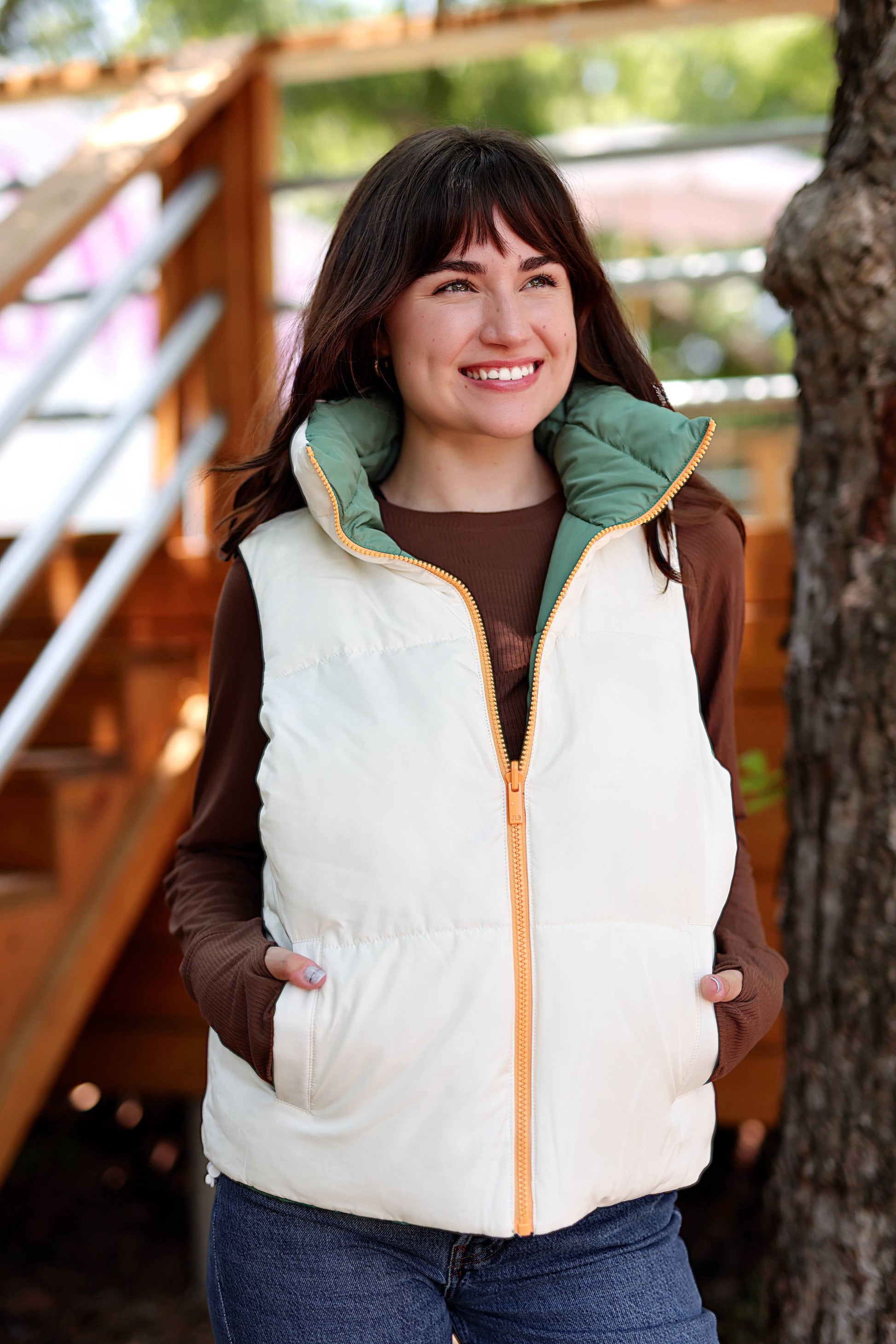 Reversible Quilted Vest- Olive/Cream