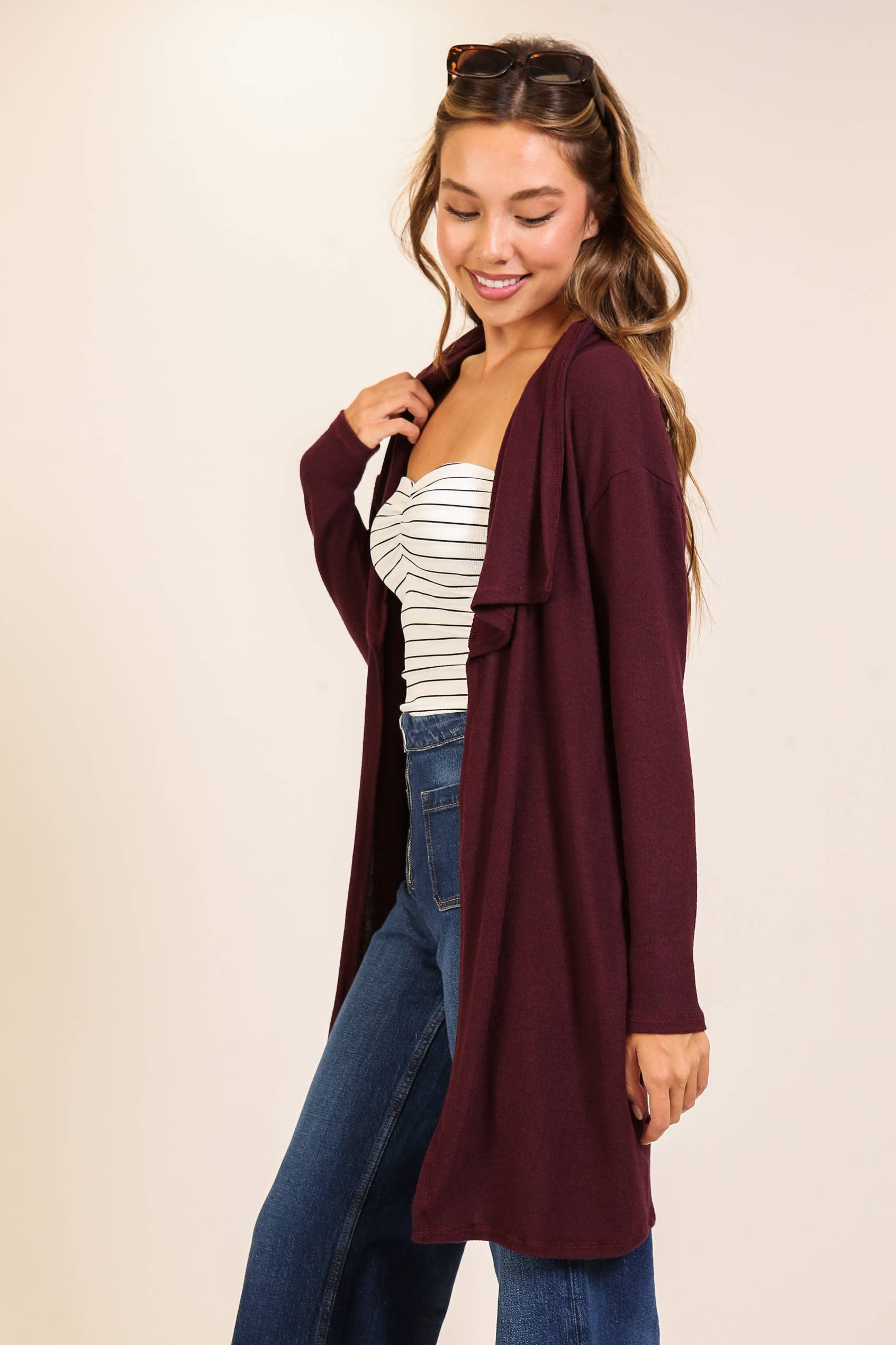 Cozy Open-Front Knit Cardigan: WINE