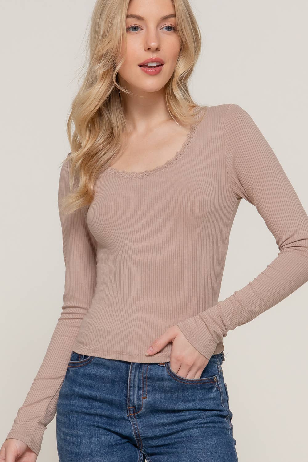 Scoop Neck with Lace Trim Rib Knit Top