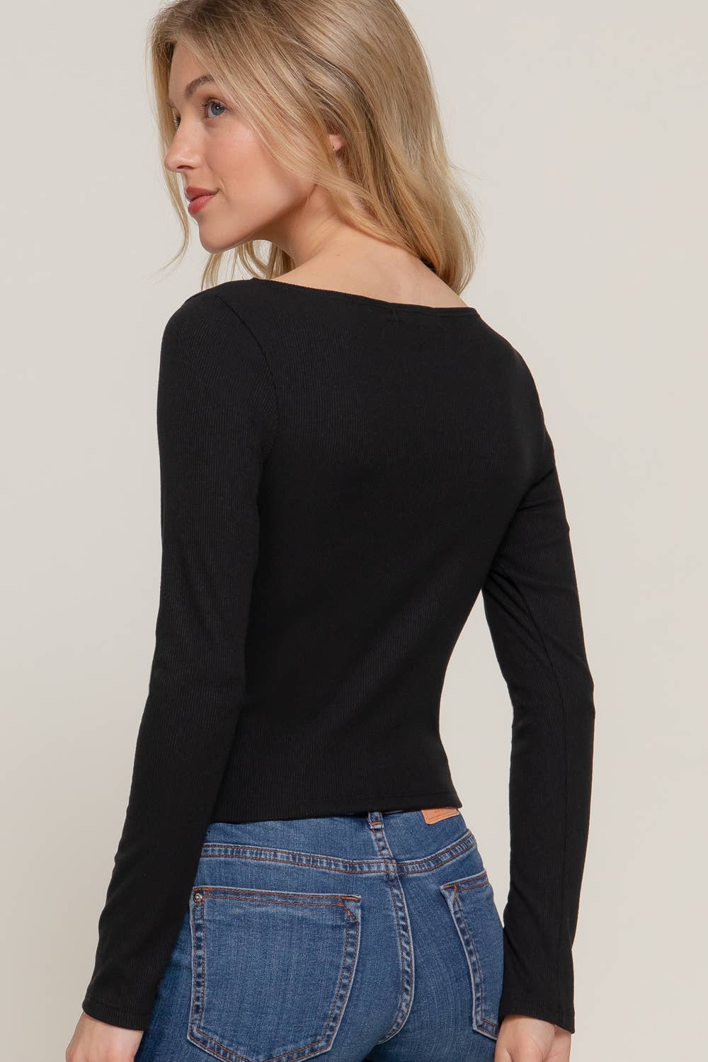 Boat Neck Brushed Rib Knit Top: Black
