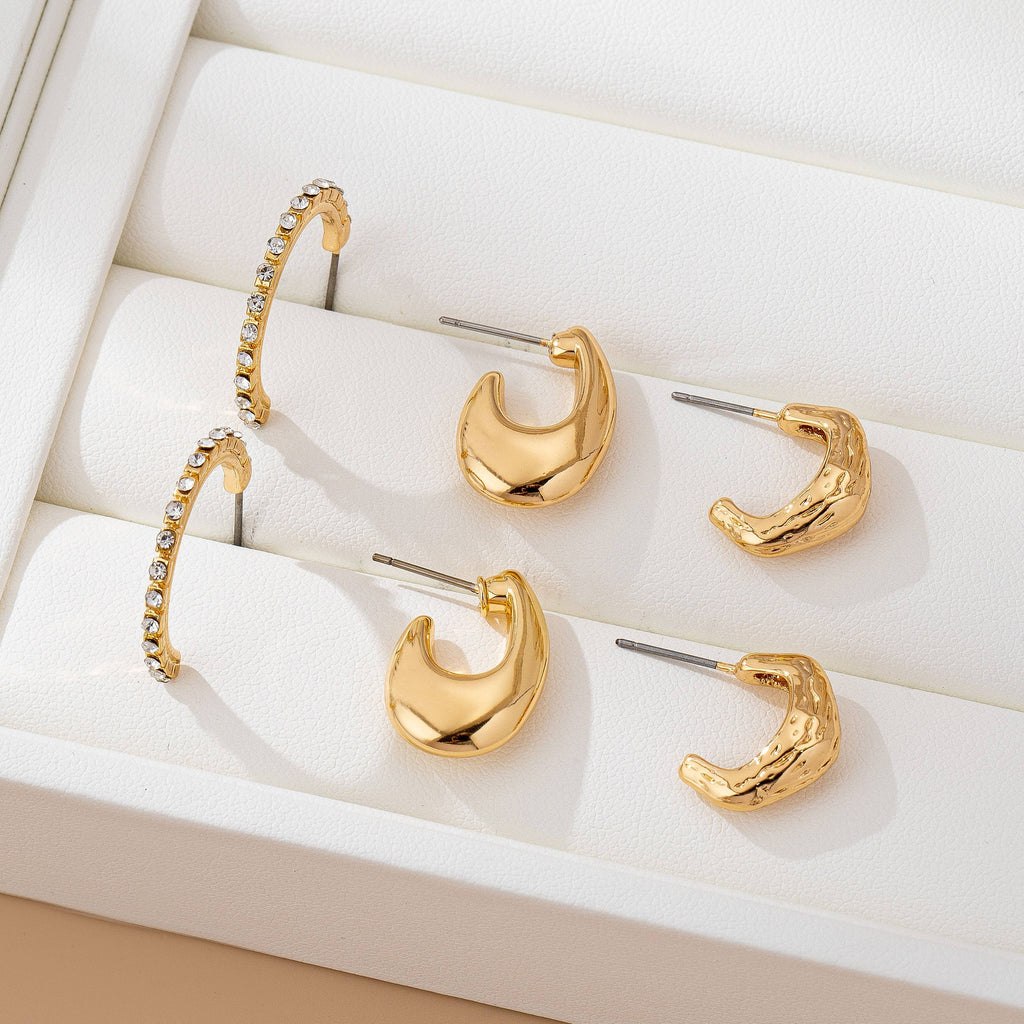 Tapered Rhinestone Huggie Hoop Trio Earring: GOLD
