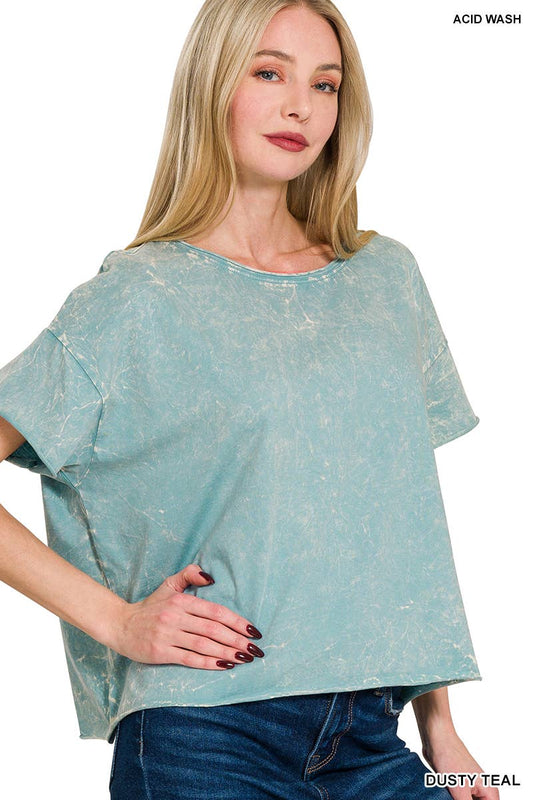 Acid Washed Crew Neck T-shirt: DUSTY TEAL