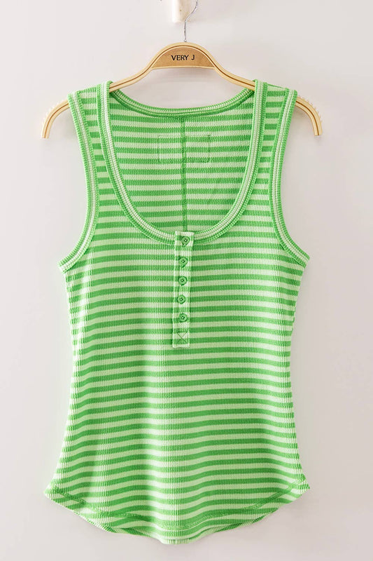 Striped Button Down Knit Tank Top: BRIGHT GREEN