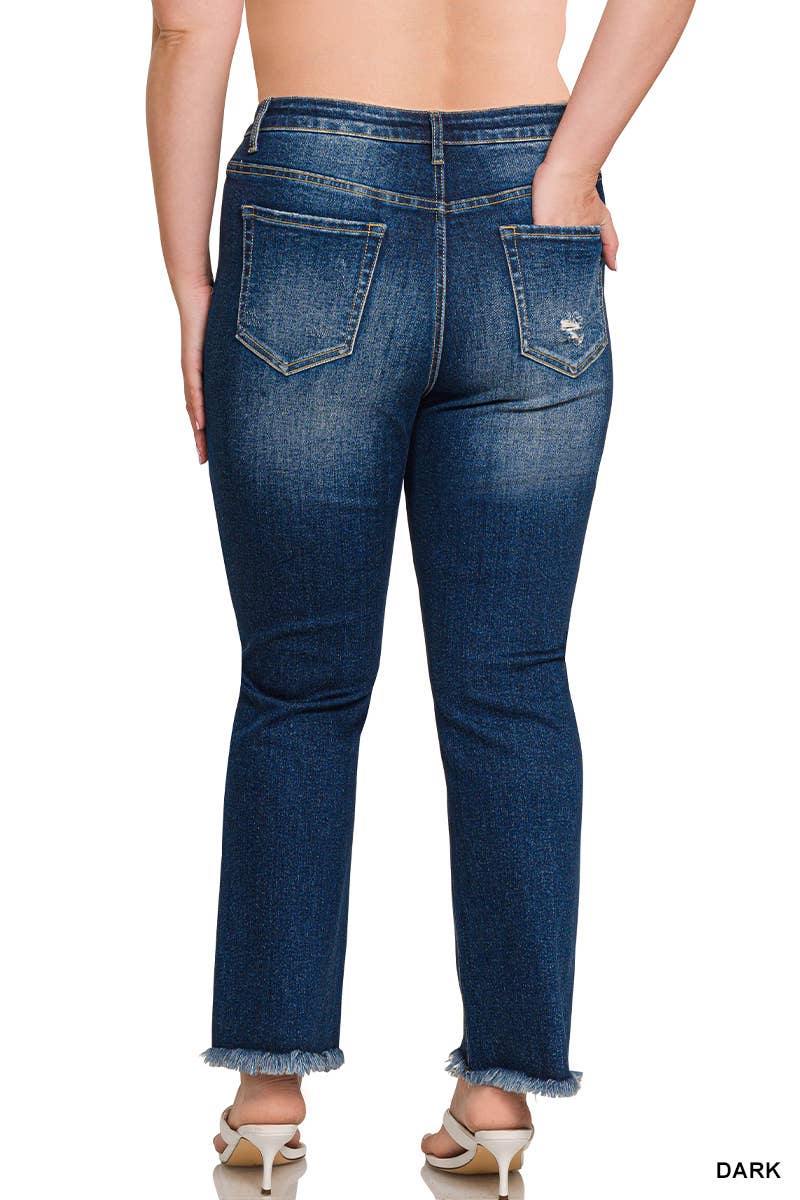 High Rise Straight Raw Hem Denim Pants
