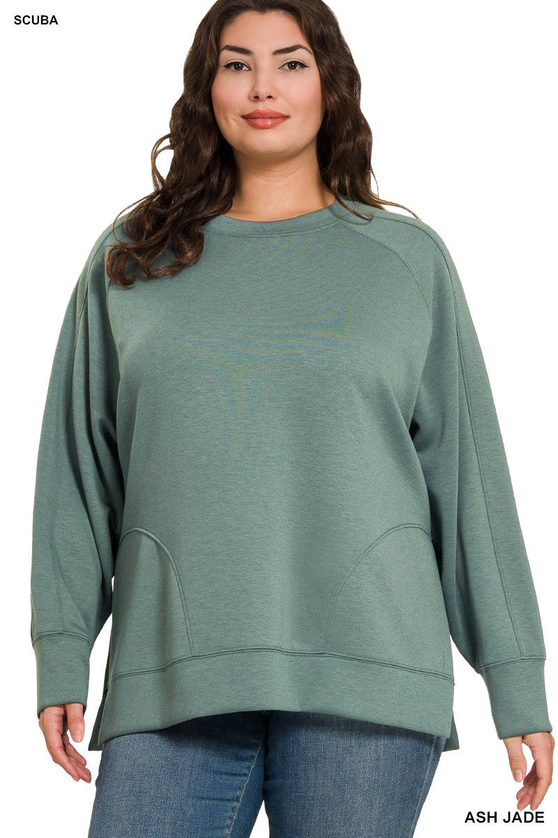 Round Neck Pullover With Side Slits:DK FOREST