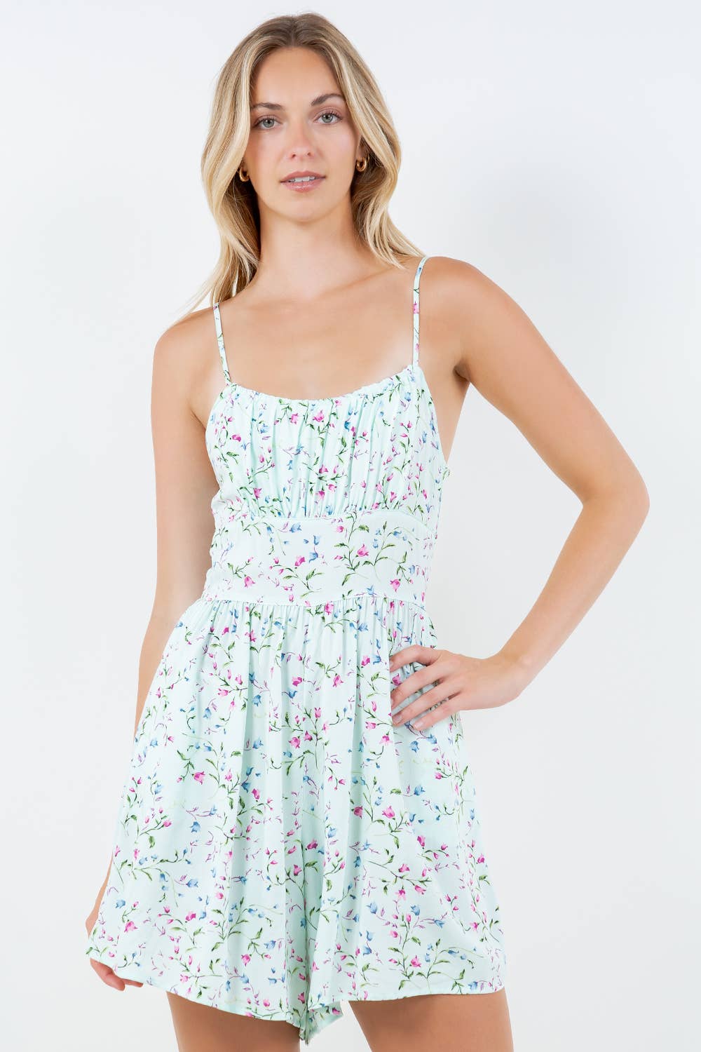 Islands Multi Floral Smocked Back Sleeveless Romper: Mint Floral