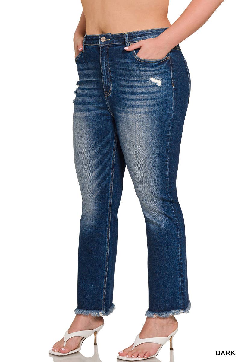 High Rise Straight Raw Hem Denim Pants