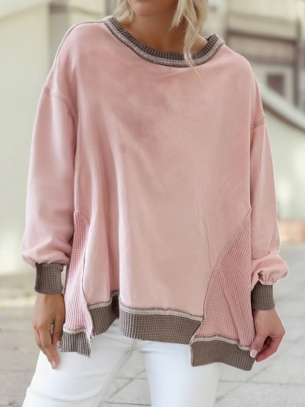 Color Block Waffle Patchwork Oversize Sweatshirt