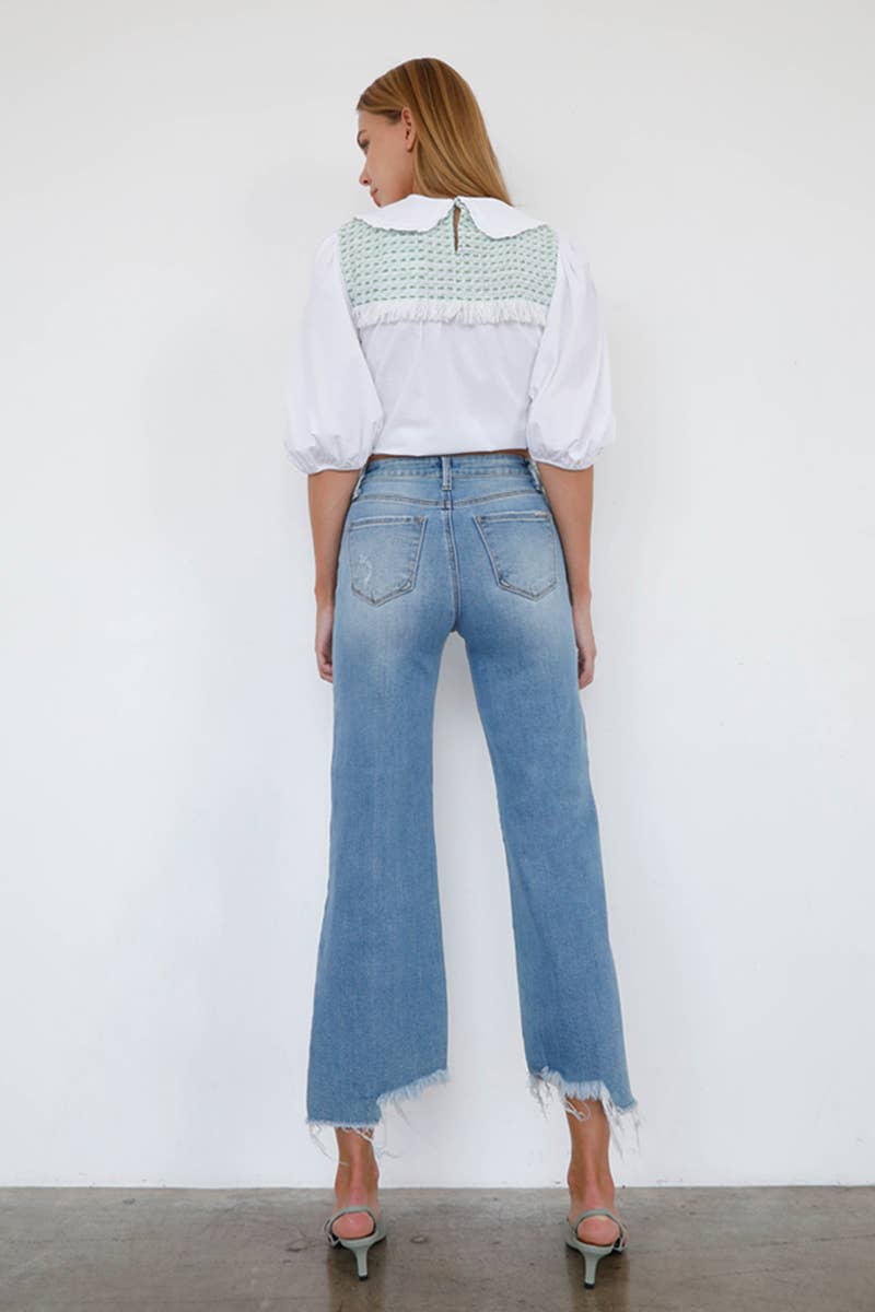 Uneven Raw Hem Crop Flare Jeans: