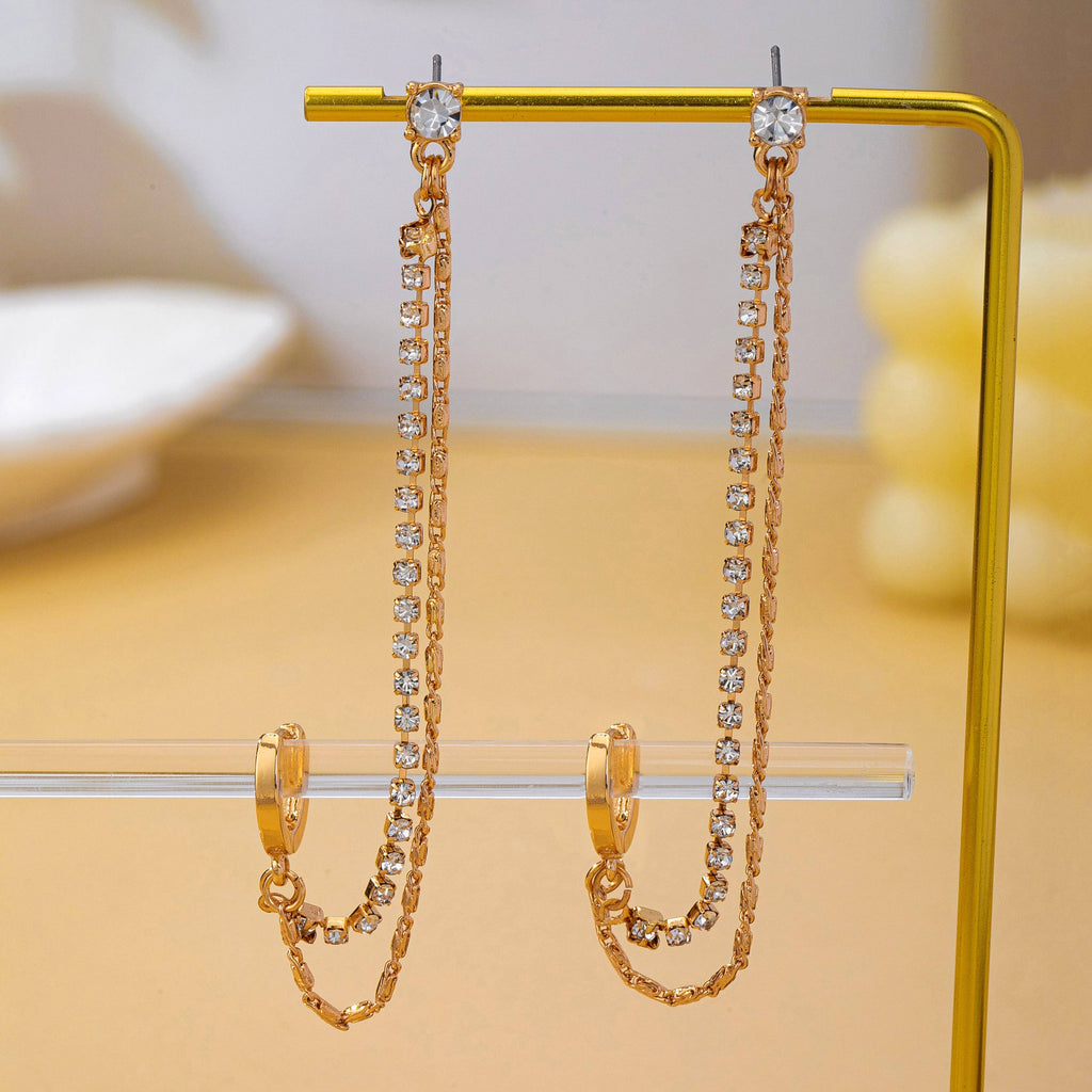 Rhinestone & Gold Double Chain Drapes Drop Earrings: GOLD