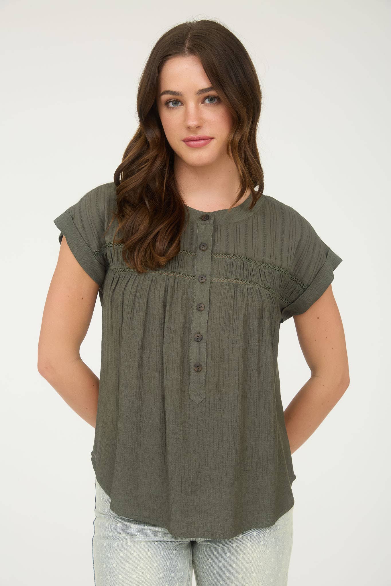 EYELET TRIM HALF BUTTON TOP