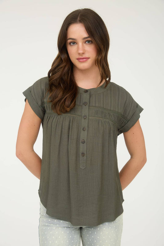 EYELET TRIM HALF BUTTON TOP