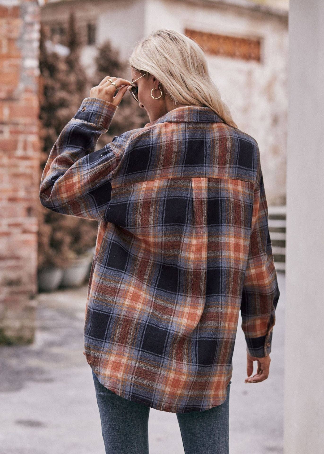 Oversized Loose Plaid Shirt: S