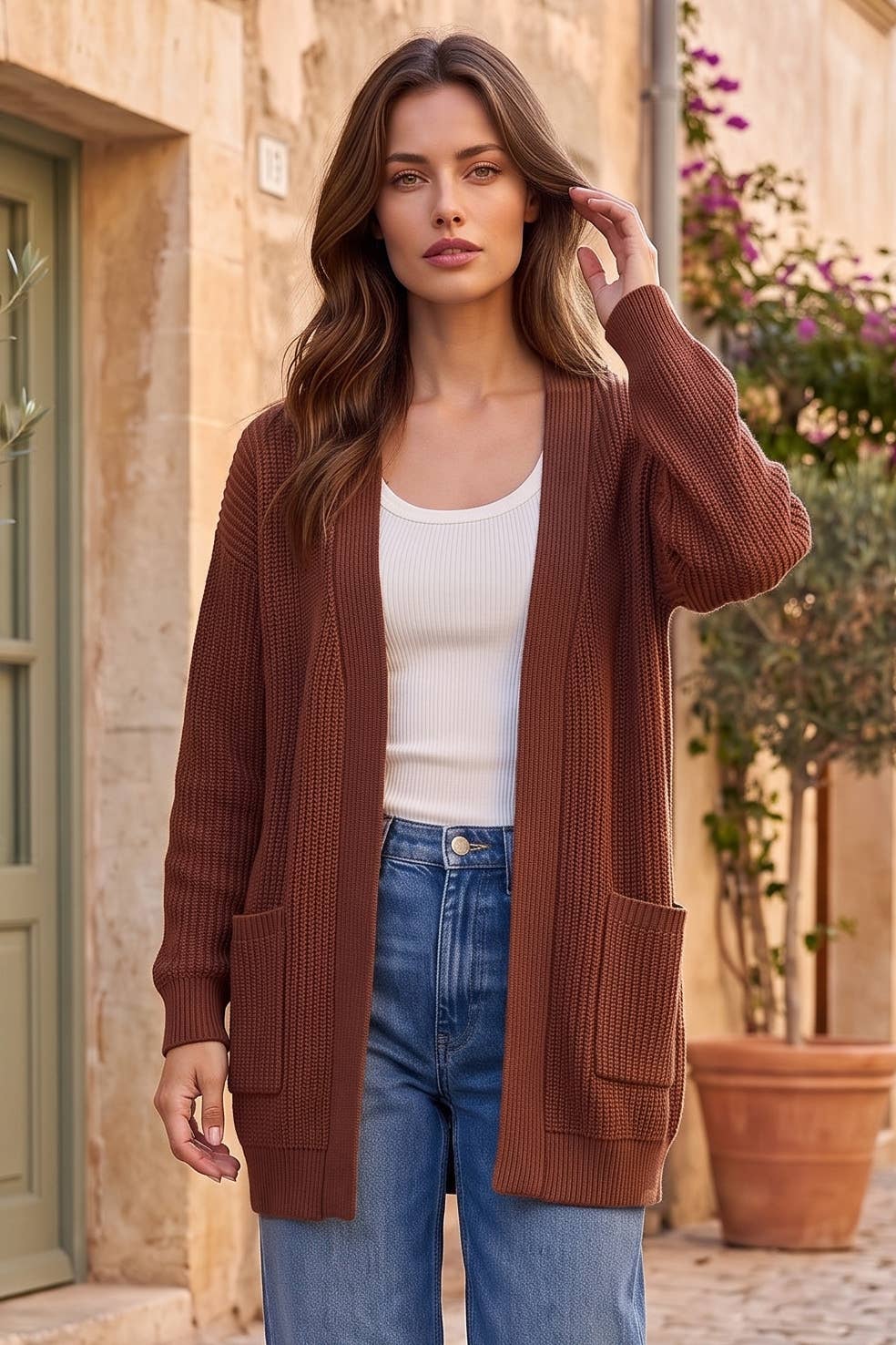 Curly Rib Relaxed Front Pocket Cardigan: RUST