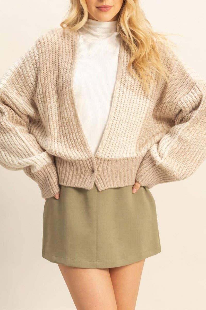 Colorblock  Knit Cardigan: TAUPE CREAM