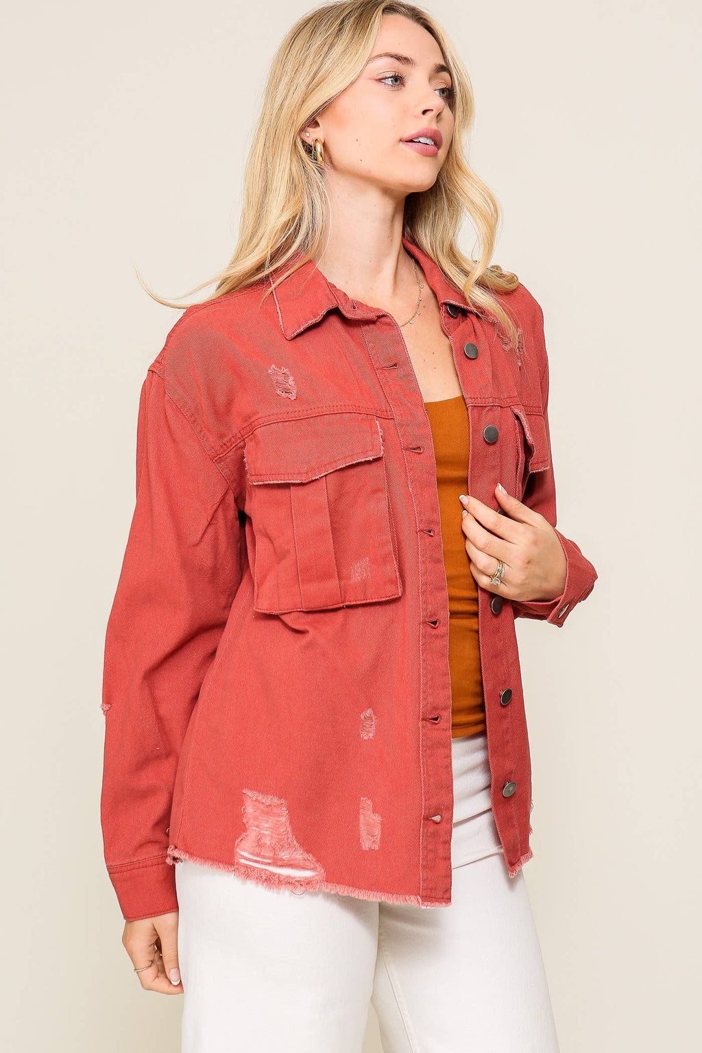Distressed Oversized Denim Jacket :Mauve