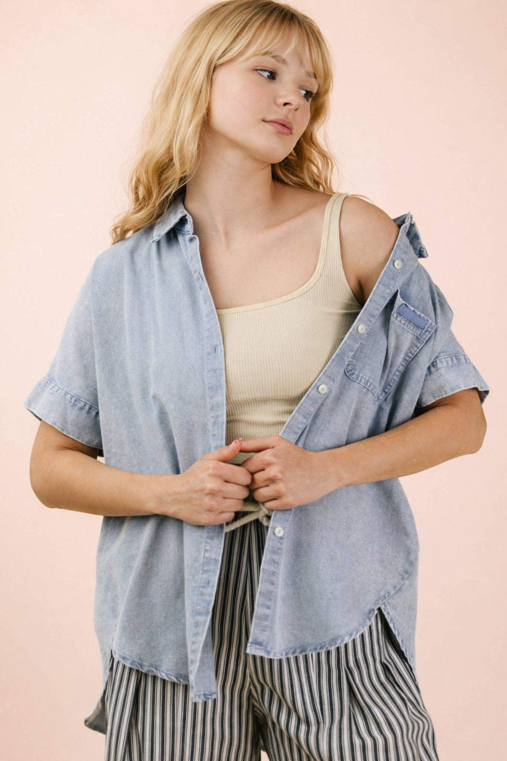 Mineral Washed Chambray Oversized Shirt Top: LT INDIGO