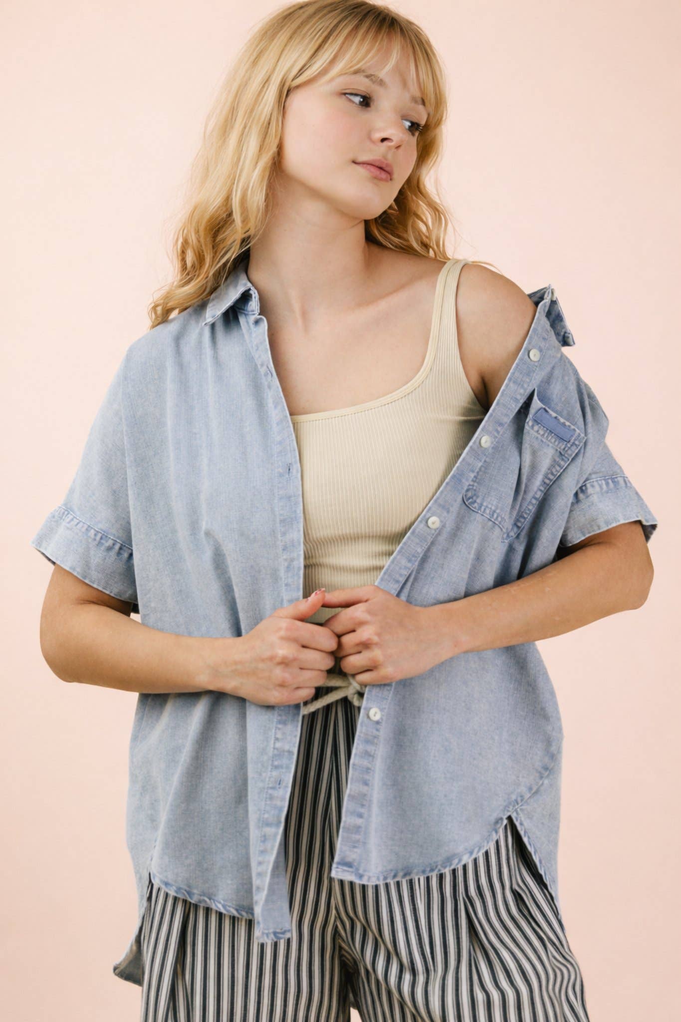 Mineral Washed Chambray Oversized Shirt Top: LT INDIGO