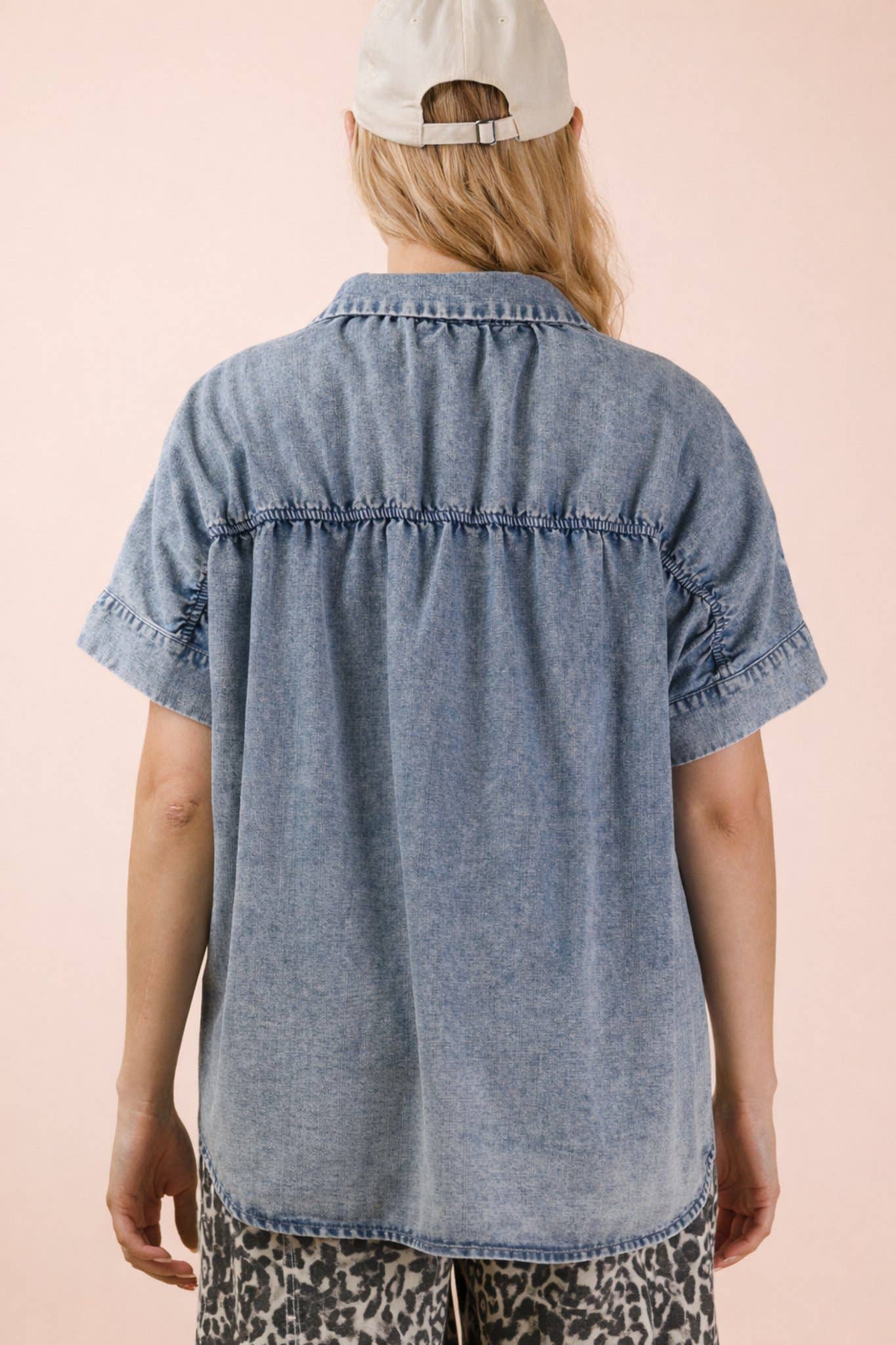 Mineral Washed Chambray Oversized Shirt Top: INDIGO