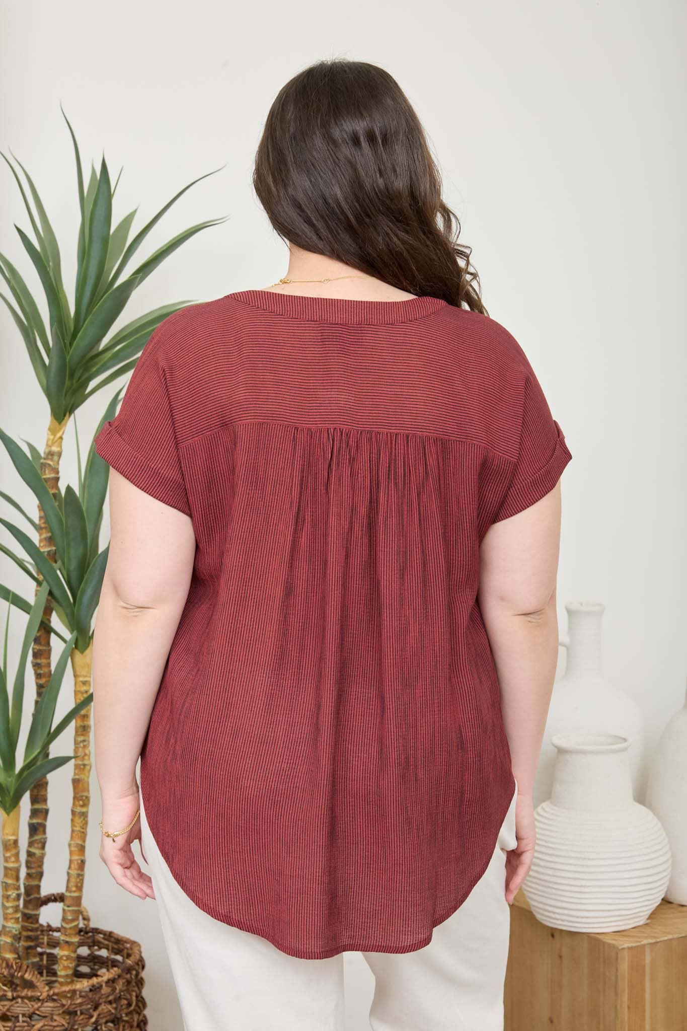 PINSTRIPE SHORT CUFF SLEEVE BUTTON DOWN SHIRT