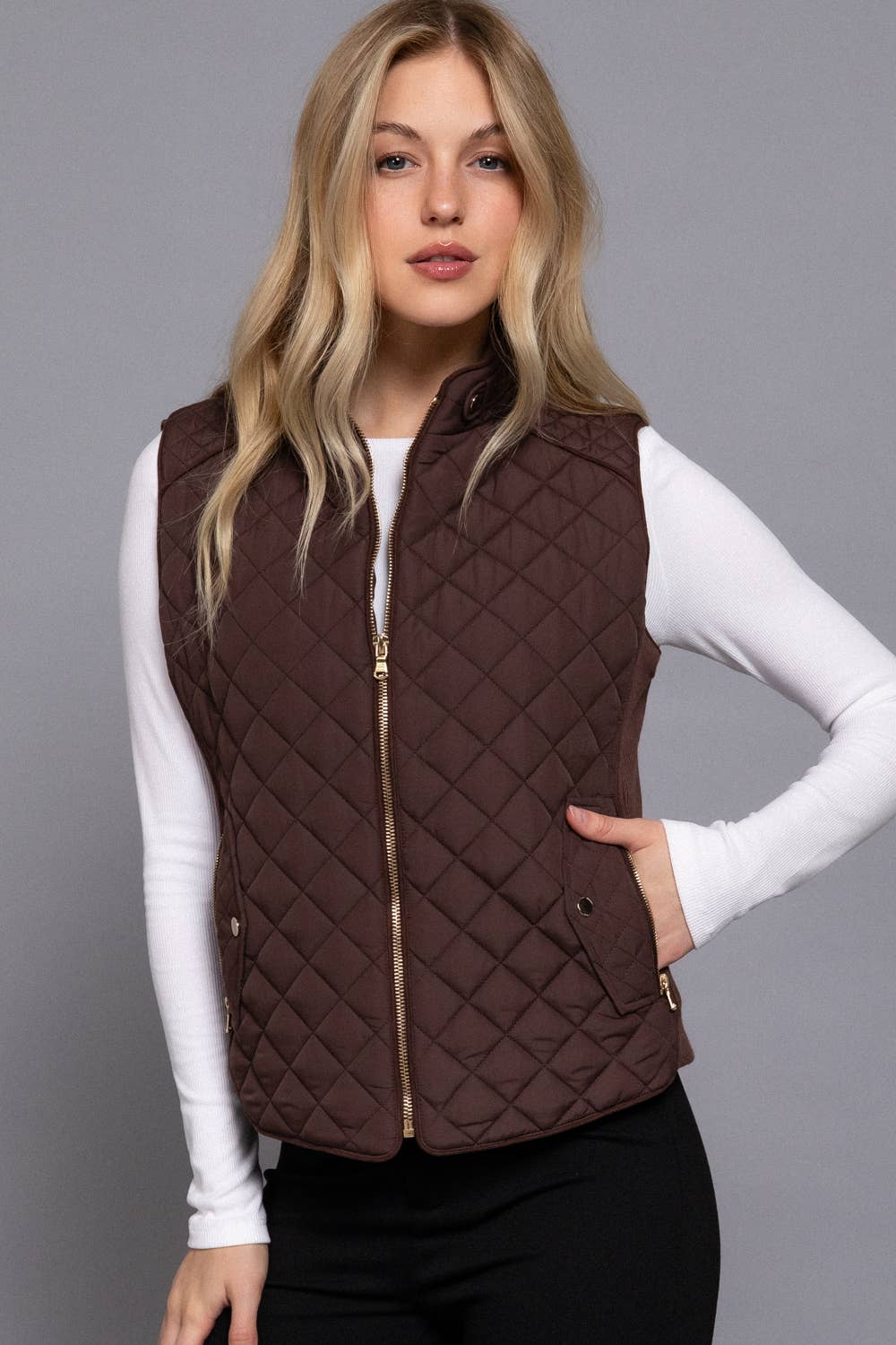 Suede Piping Quilted Padding Vest: Chocolate