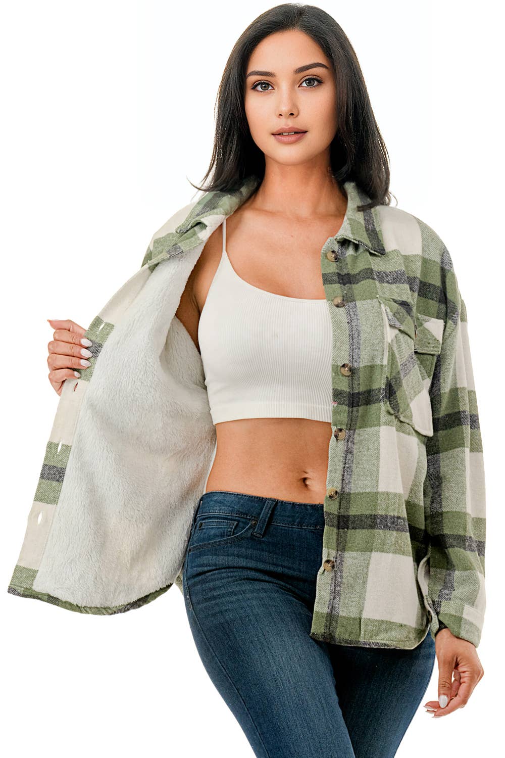Green tone plaid flannel shacket  w/fur lined warm jacket