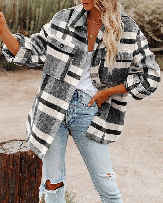 Plaid Button Flannel : Black and white grid