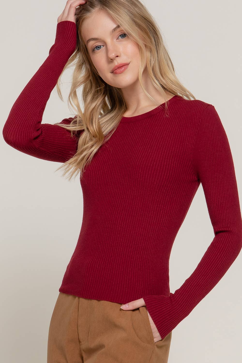 Long Sleeve Crew Neck Rib Sweater