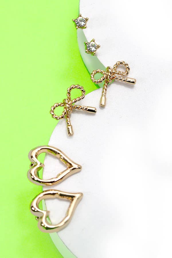 BOW HEART CHARM STUD TRIO EARRINGS: GOLD