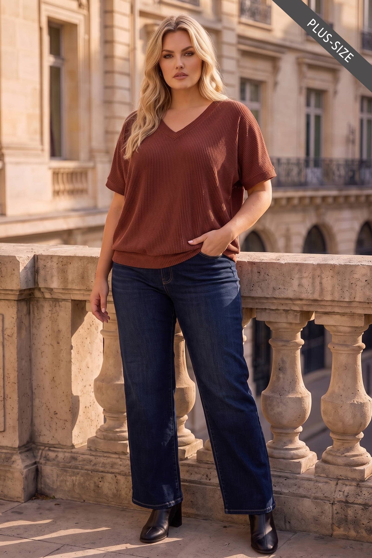 Curly Rib Oversized Ruched Top: RUST