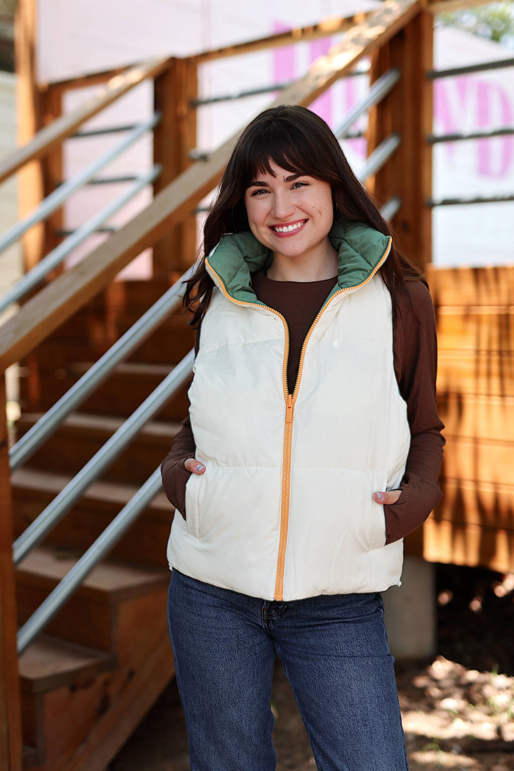 Reversible Quilted Vest- Olive/Cream