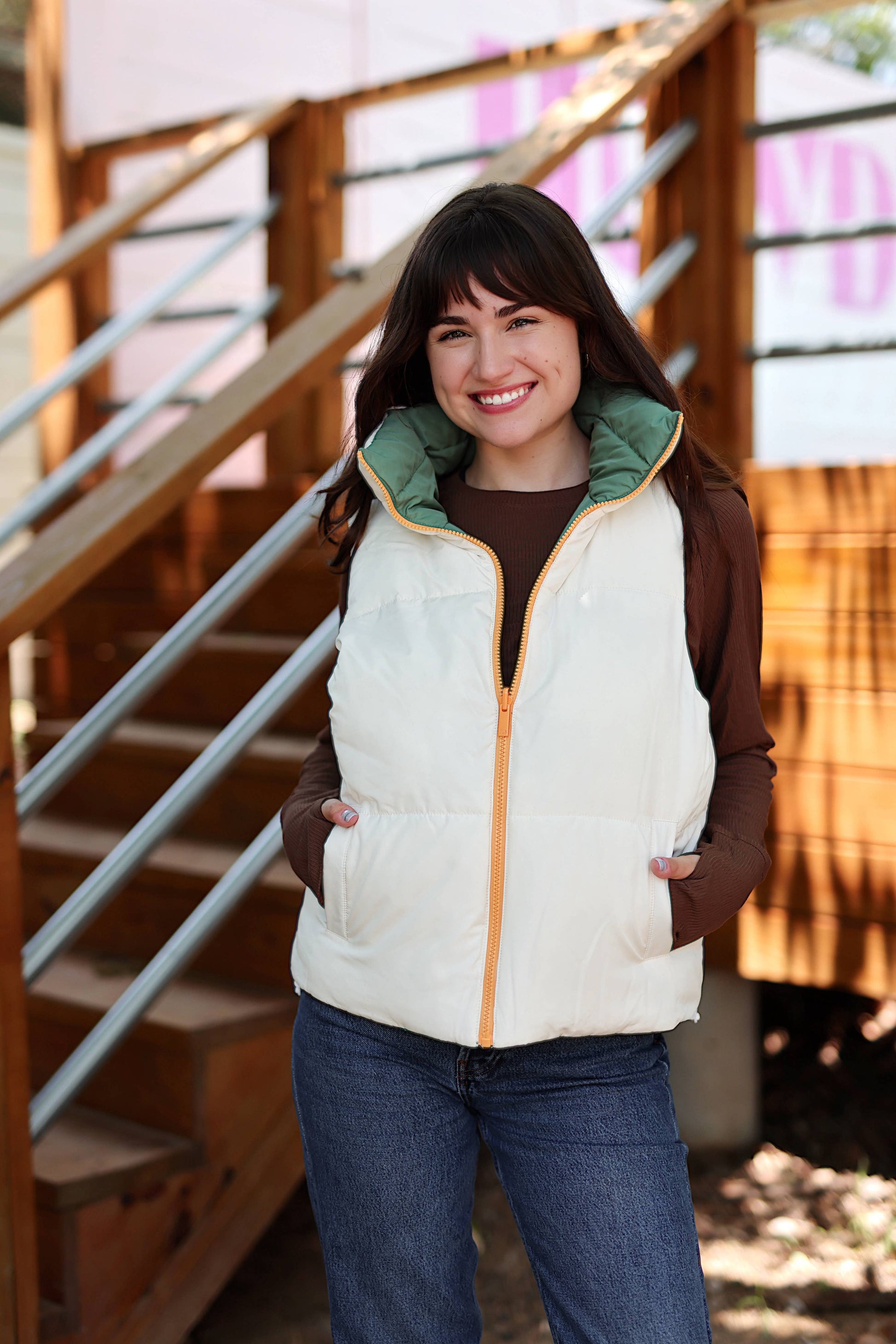 Reversible Quilted Vest- Olive/Cream