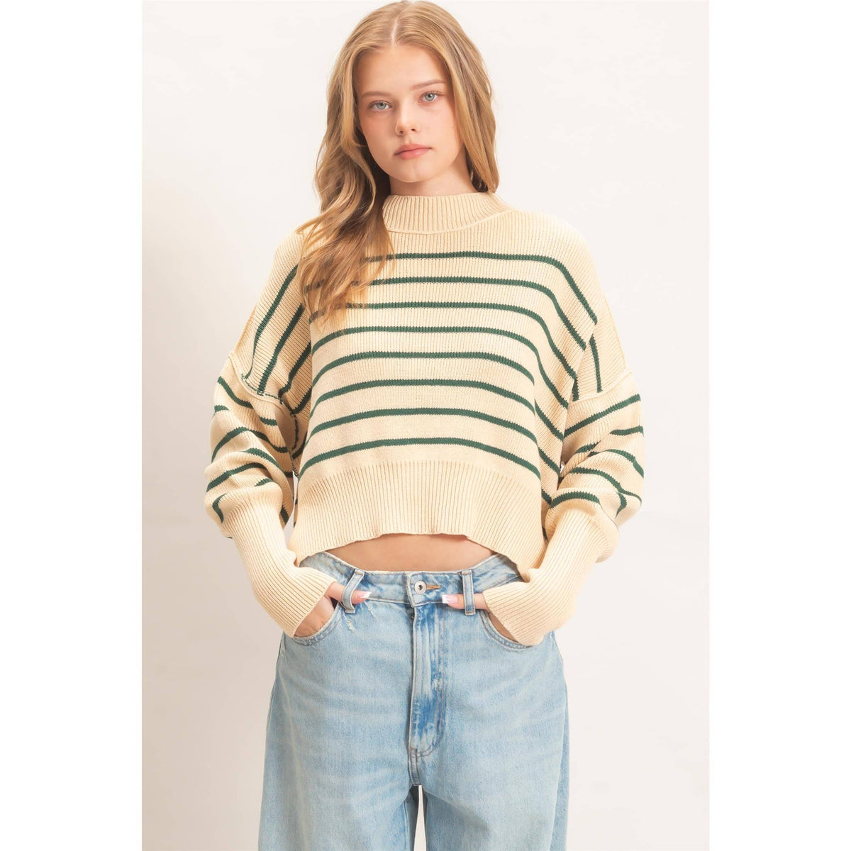 Striped Mock Neck Cropped Sweater: GREEN